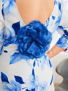 SHEIN Plus Floral Applique Detail Dress - Blue and White - View 4