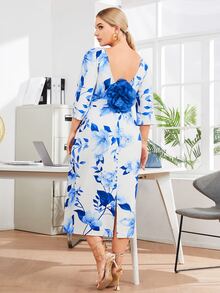 SHEIN Plus Floral Applique Detail Dress - Blue and White - View 2