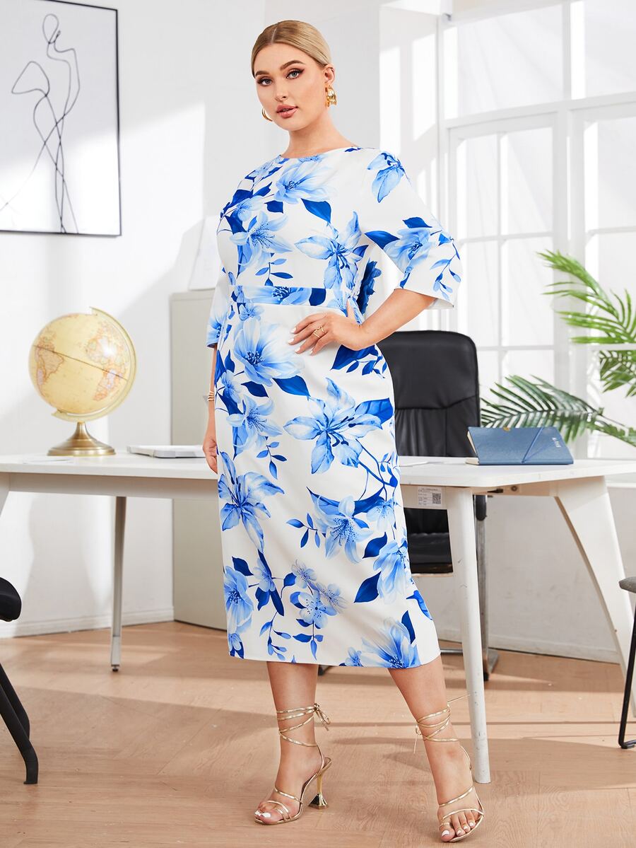 SHEIN Plus Floral Applique Detail Dress - Blue and White - View 1