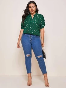 SHEIN Clasi Camisa de cuello V con estampado dorado - grande - Verde Oscuro - Ver 3