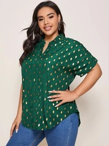 SHEIN Clasi Camisa de cuello V con estampado dorado - grande - Verde Oscuro - Ver 4