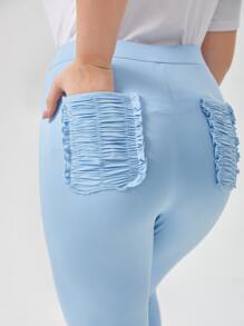 Mulvari 大碼褶邊木耳褶皺邊細節口袋貼布緊身打底褲 - 淺藍色 - 查看 3