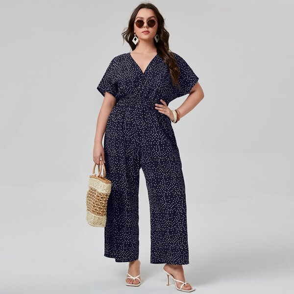 

Plus Polka Dot Shirred Waist Culotte Jumpsuit, Black