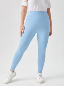 Mulvari 大碼褶邊木耳褶皺邊細節口袋貼布緊身打底褲 - 淺藍色 - 查看 2