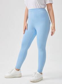 Mulvari 大碼褶邊木耳褶皺邊細節口袋貼布緊身打底褲 - 淺藍色 - 查看 5