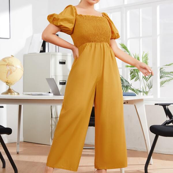 

Plus Square Neck Puff Sleeve Shirred Jumpsuit, Yellow
