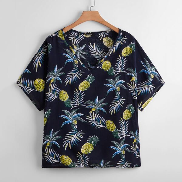 

Plus Tropical And Pineapple Print Blouse, Navy blue