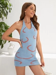 SHEIN WYWH Halterneck Backless Graphic Pattern Jumper Dress - Dusty Blue - View 1
