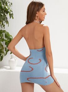SHEIN WYWH Halterneck Backless Graphic Pattern Jumper Dress - Dusty Blue - View 2