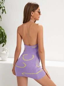 Halterneck Backless Graphic Pattern Jumper Dress - Purple - View 2