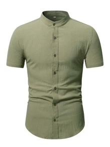 Manfinity Homme 男士小高領紐扣襯衫 - 軍綠色 - 查看 4