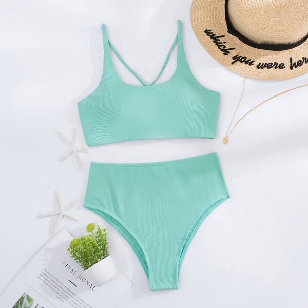 

Rib Tie Back High Waisted Bikini Swimsuit, Mint green