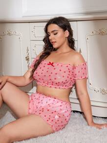 Plus Heart Print Lettuce Trim Bardot Lingerie Set - Pink - View 4