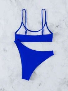 SHEIN Swim Conjunto de bikini de verano sólido con top tipo camiseta y Bottom de corte alto, 2 piezas - azul real - Ver 2