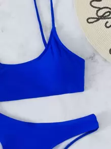SHEIN Swim Conjunto de bikini de verano sólido con top tipo camiseta y Bottom de corte alto, 2 piezas - azul real - Ver 5