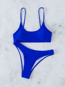 SHEIN Swim Conjunto de bikini de verano sólido con top tipo camiseta y Bottom de corte alto, 2 piezas - azul real - Ver 6