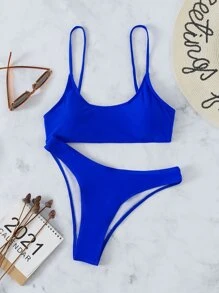 SHEIN Swim Conjunto de bikini de verano sólido con top tipo camiseta y Bottom de corte alto, 2 piezas - azul real - Ver 7