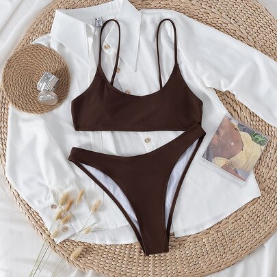 Solid High Cut Bikini Swimsuit