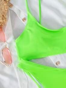 SHEIN Swim Summer Beach Neon High Cut Bikini Bathing Suit - Lime Green - View 3