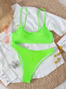 SHEIN Swim Summer Beach Neon High Cut Bikini Bathing Suit - Lime Green - View 6