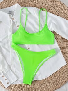 SHEIN Swim Summer Beach Neon High Cut Bikini Bathing Suit - Lime Green - View 7