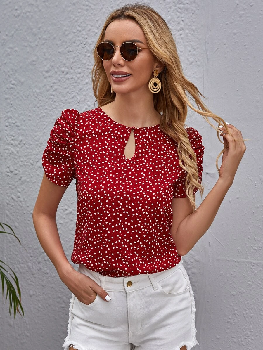 SHEIN Clasi Keyhole Neck Puff Sleeve Allover Heart Print Top - Multicolor - View 1