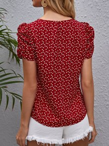 SHEIN Clasi Keyhole Neck Puff Sleeve Allover Heart Print Top - Multicolor - View 2