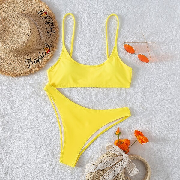 

Solid High Cut Bikini Swimsuit, Yellow