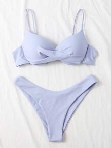 Conjunto de bikini con corte alto y efecto push-up, liso, para el verano y las vacaciones en la playa - Neblina azul - Ver 1