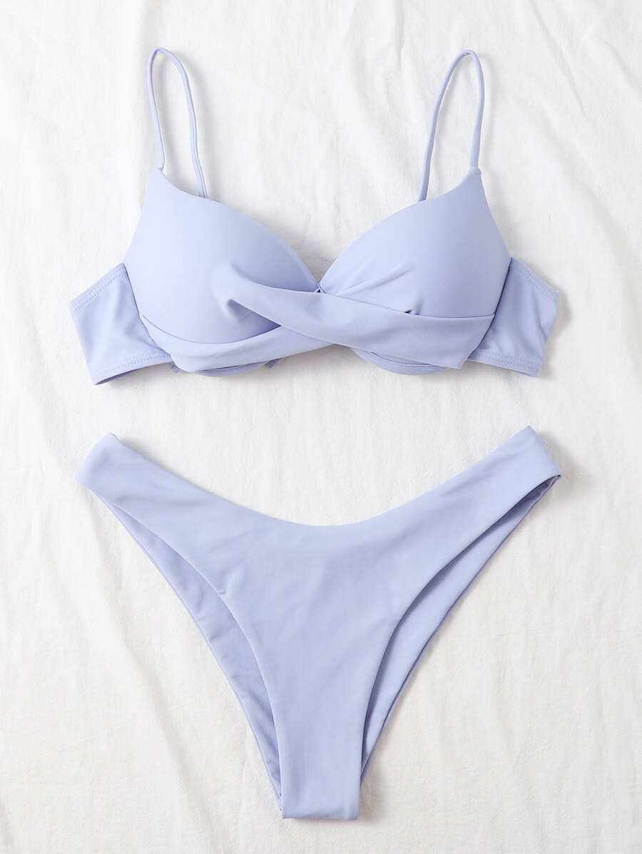 Conjunto de bikini con corte alto y efecto push-up, liso, para el verano y las vacaciones en la playa - Neblina azul - Ver 1