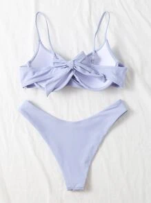 Conjunto de bikini con corte alto y efecto push-up, liso, para el verano y las vacaciones en la playa - Neblina azul - Ver 2