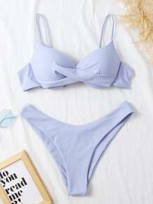 Conjunto de bikini con corte alto y efecto push-up, liso, para el verano y las vacaciones en la playa - Neblina azul - Ver 4