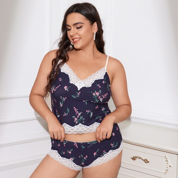 

Plus Floral Print Contrast Lace Lingerie Set, Navy blue