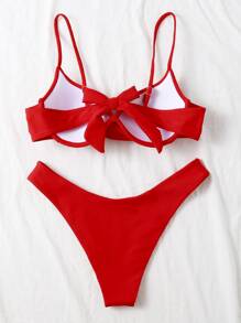 Plain Push Up High Cut Bikini Set, For Summer Beach Vacation - Red - View 2