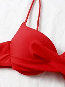 Plain Push Up High Cut Bikini Set, For Summer Beach Vacation - Red - View 3