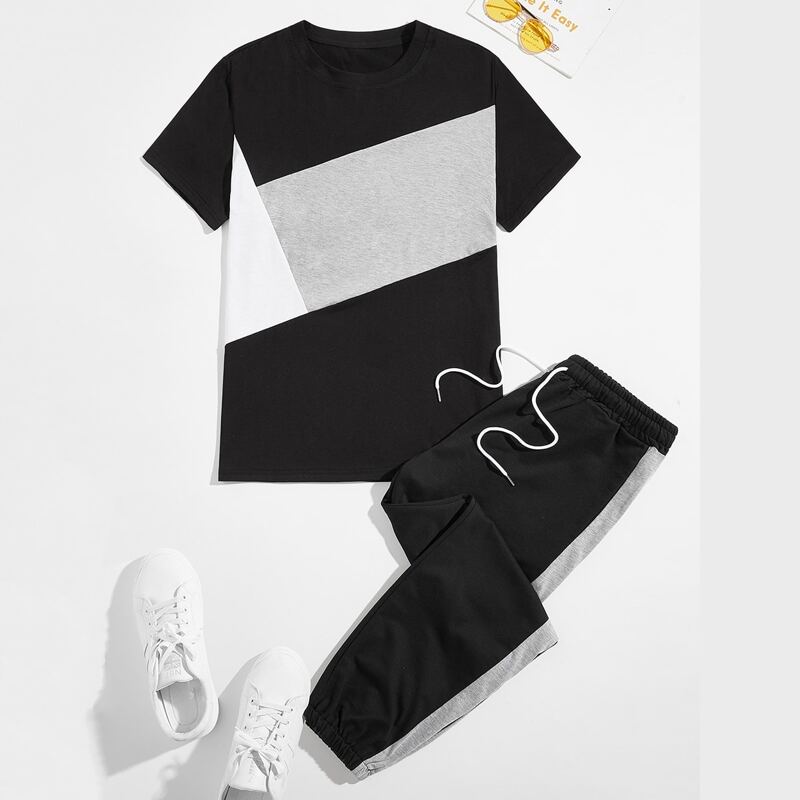 

Guys Color-block Tee & Drawstring Waist Sweatpants, Black