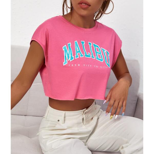 

Letter Graphic Cap Sleeve Crop Tee, Pink