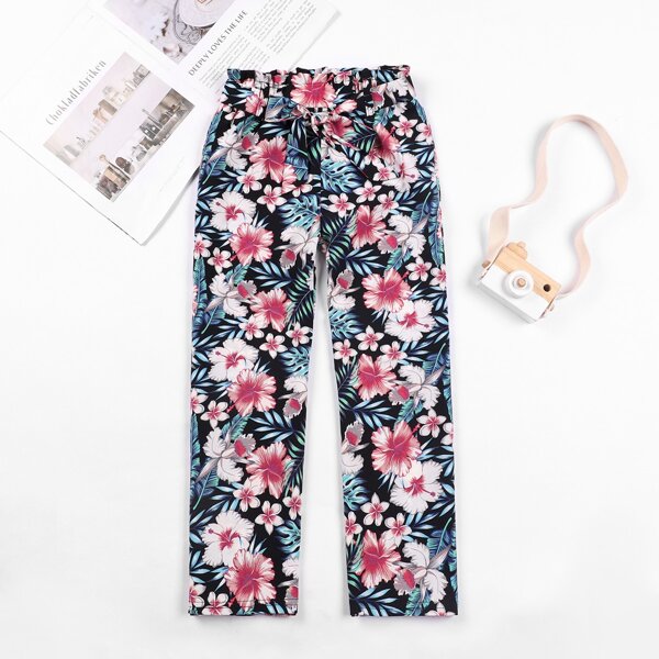 

Girls Paperbag Waist Floral Pants, Multicolor