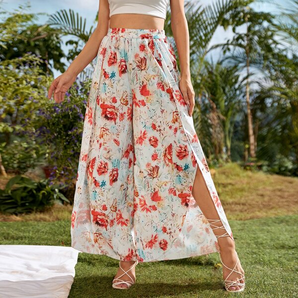 

Floral Print Split Wide Leg Pants, Multicolor