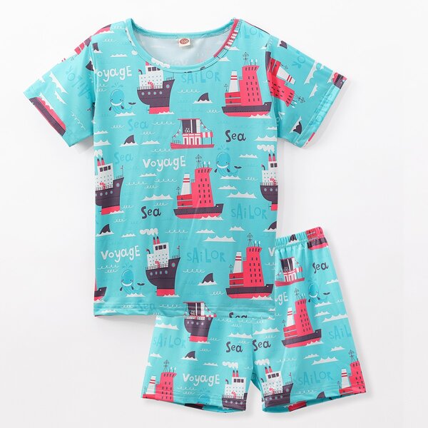 

Toddler Boys Letter & Ship Print PJ Set, Mint blue