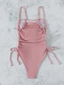 Drawstring Side One Piece Swimsuit, For Summer Beach Vacation - Pink - View 2