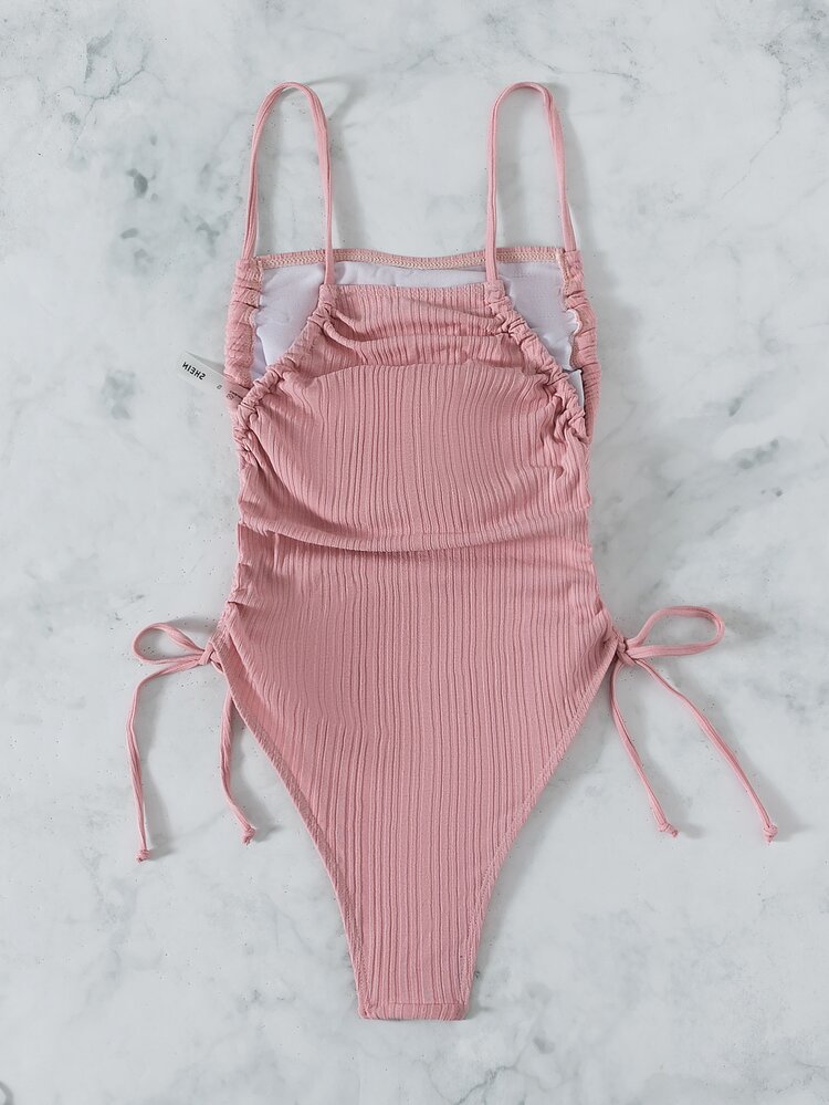 Drawstring Side One Piece Swimsuit, For Summer Beach Vacation - Pink - View 2