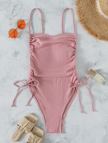 Drawstring Side One Piece Swimsuit, For Summer Beach Vacation - Pink - View 3