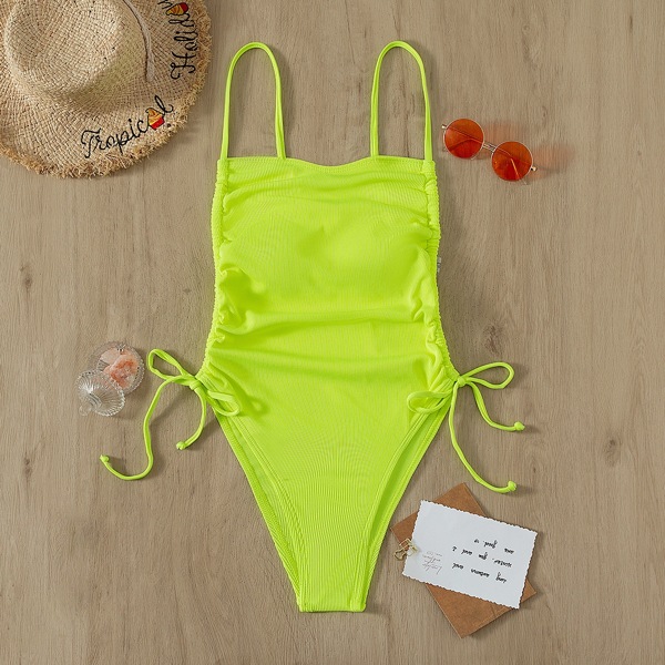 

Neon Lime Drawstring Side One Piece Swimsuit, Multicolor