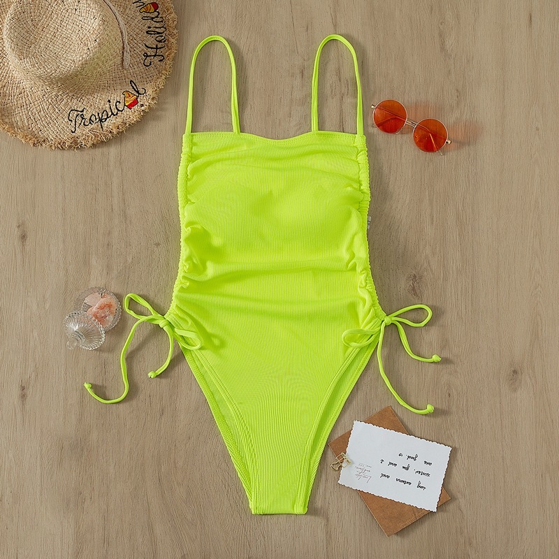 

Neon Lime Drawstring Side One Piece Swimsuit, Multicolor