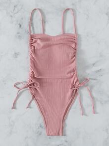 Drawstring Side One Piece Swimsuit, For Summer Beach Vacation - Pink - View 6