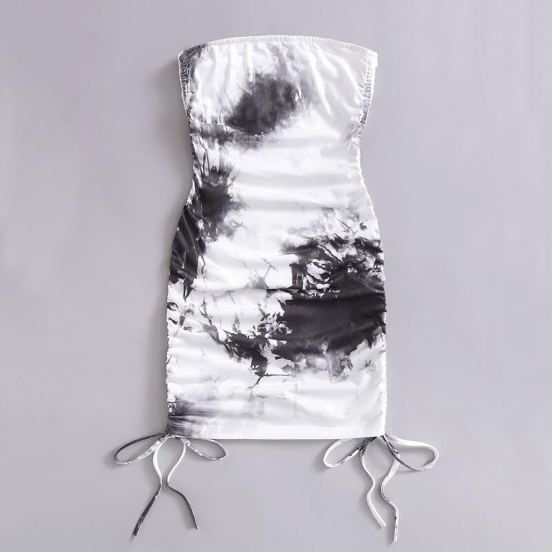 

Tie Dye Drawstring Ruched Dress, Black and white