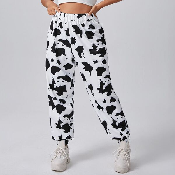 

Plus Cow Print Elastic Waist Pants, Black and white