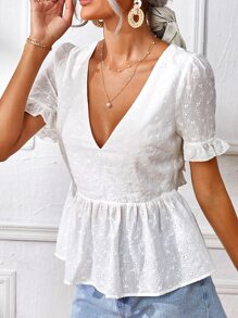 SHEIN Frenchy Top De Encaje Bordado Con Volantes, Con Espalda Abierta Y Detalle De Volantes En La Cintura - Blanco - Ver 2