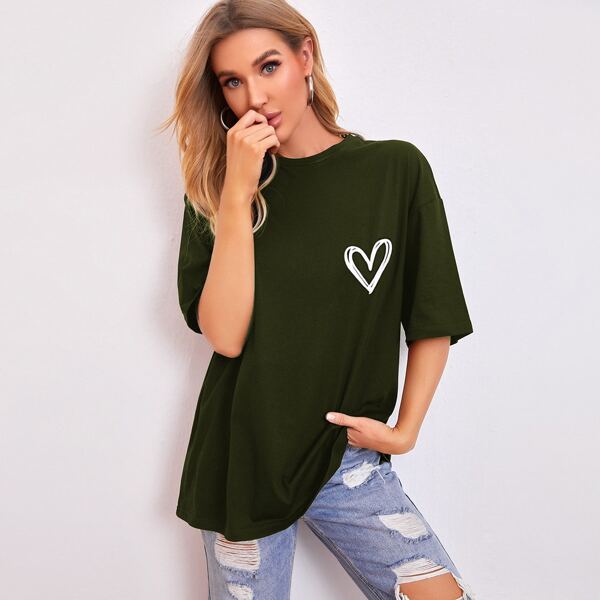 

Heart Print Drop Shoulder Oversized Tee, Army green